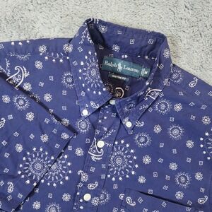 Ralph Lauren Shirt Mens Medium Navy Blue Paisley Bandana Short Sleeve Custom Fit